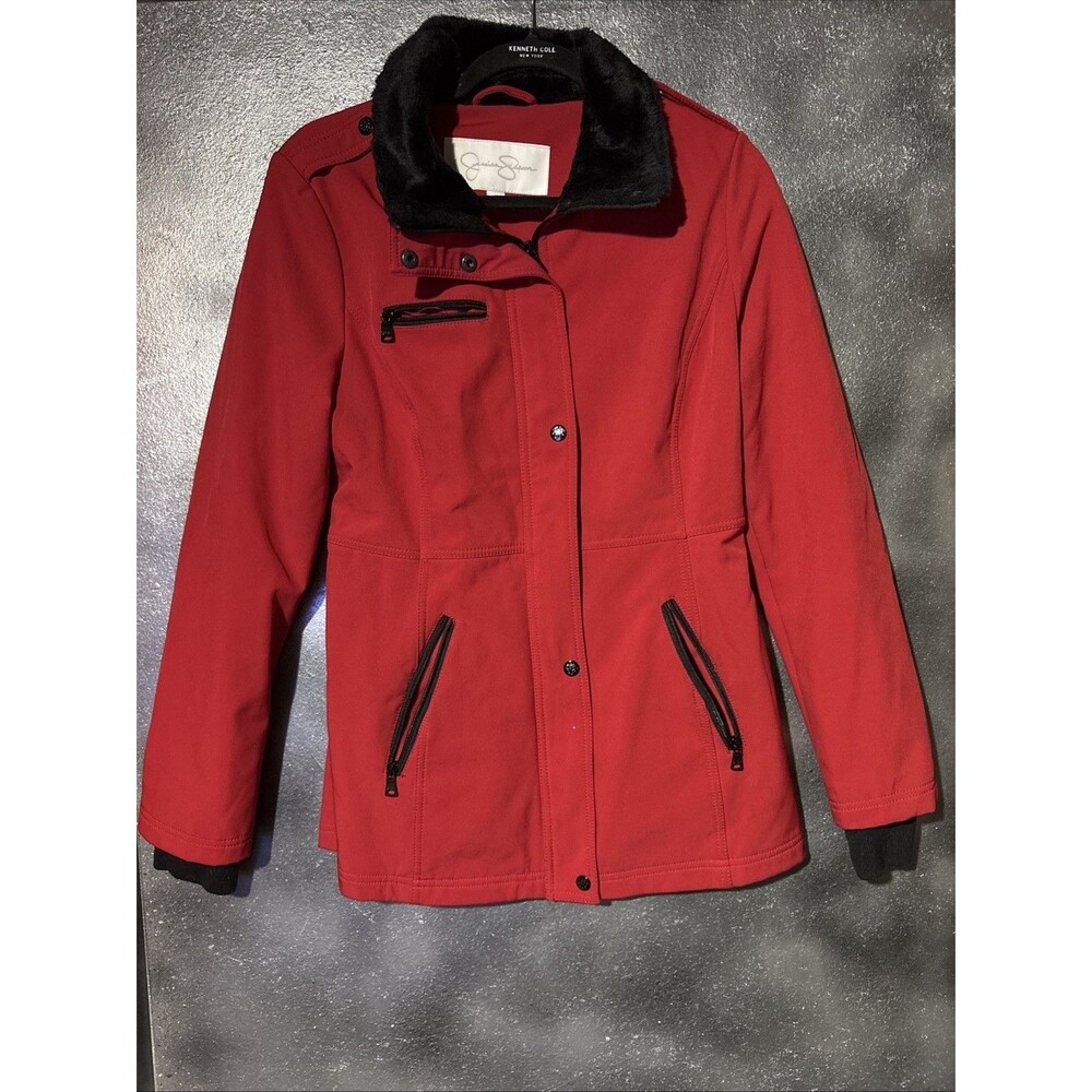 Jessica Simpson Red With Black Faux Fur Vestiaire Jacket/Coat Size Medium